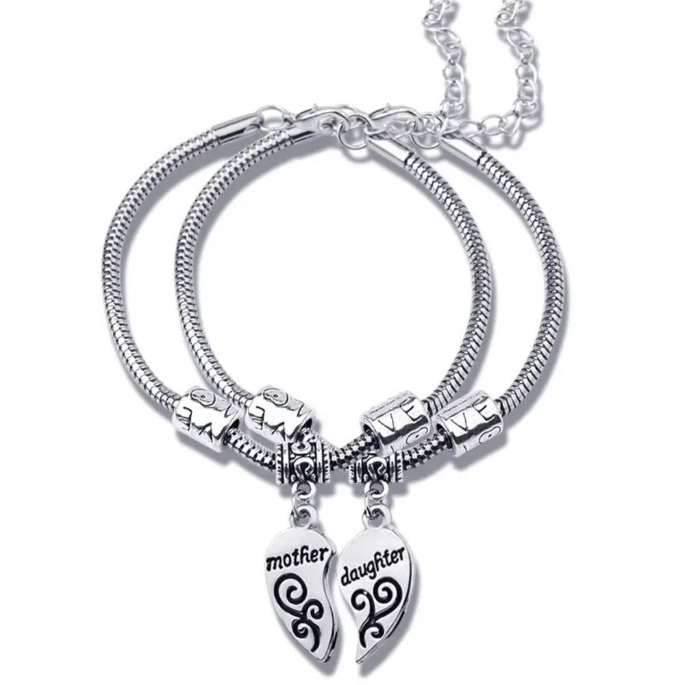 🩶Mother Daughter Loving Bond 2 Bracelet Hanging Half Heart Silver Bracelet Set!